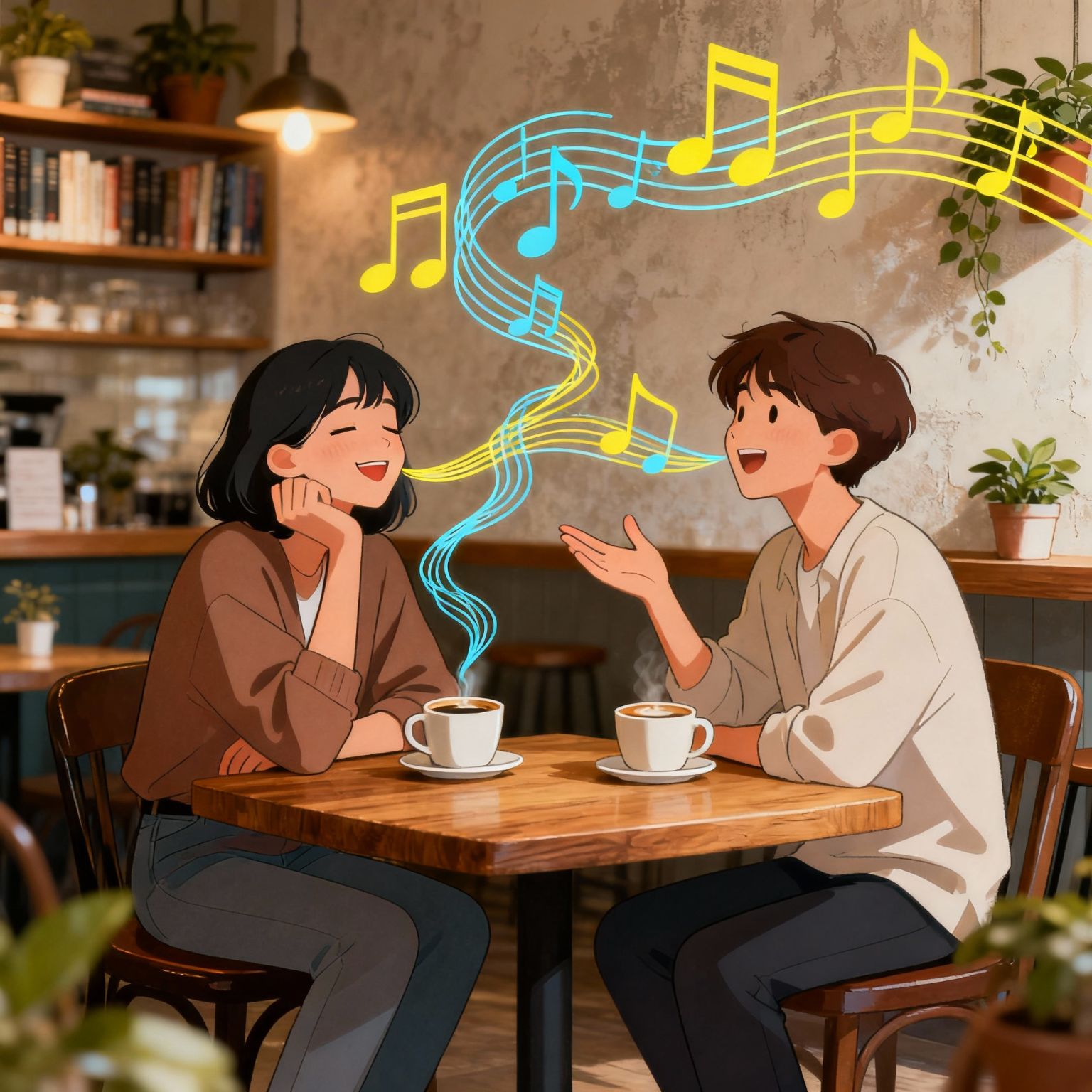 Illustration of two friends at a café table with coffee, one humming a tune while colorful musical notes flow between them
